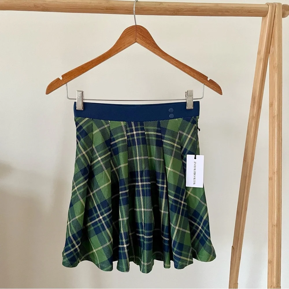 NWT We Wore What Tennis Plaid Pleated Mini Skirt Skort in Court Green/Navy - XS